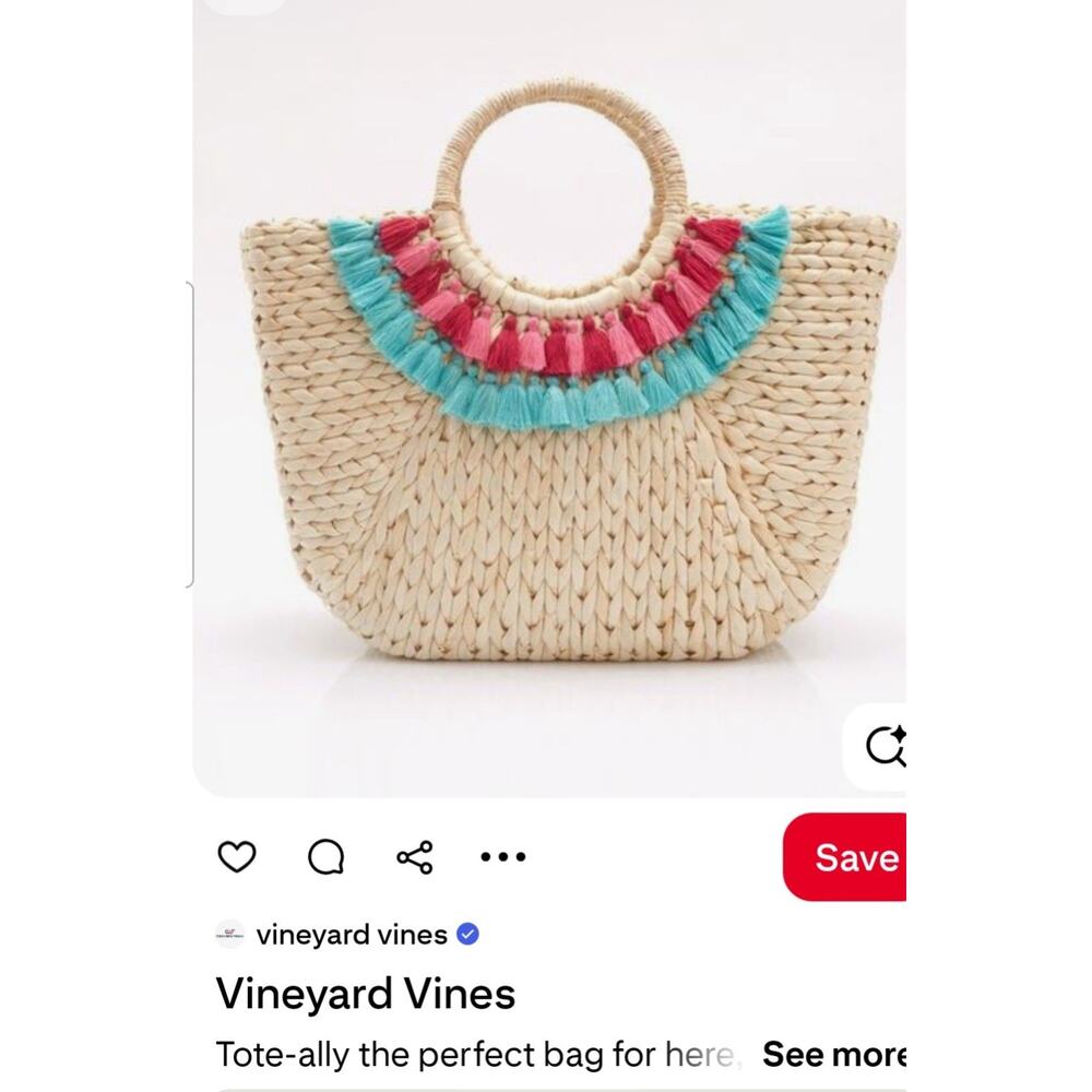 Vineyard Vines halfmoon Straw Tote Bag NWT Pink blue tassel detail leather charm